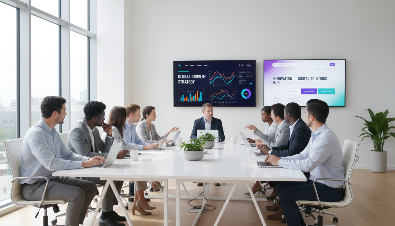 Professional team collaborating on international business expansion strategy